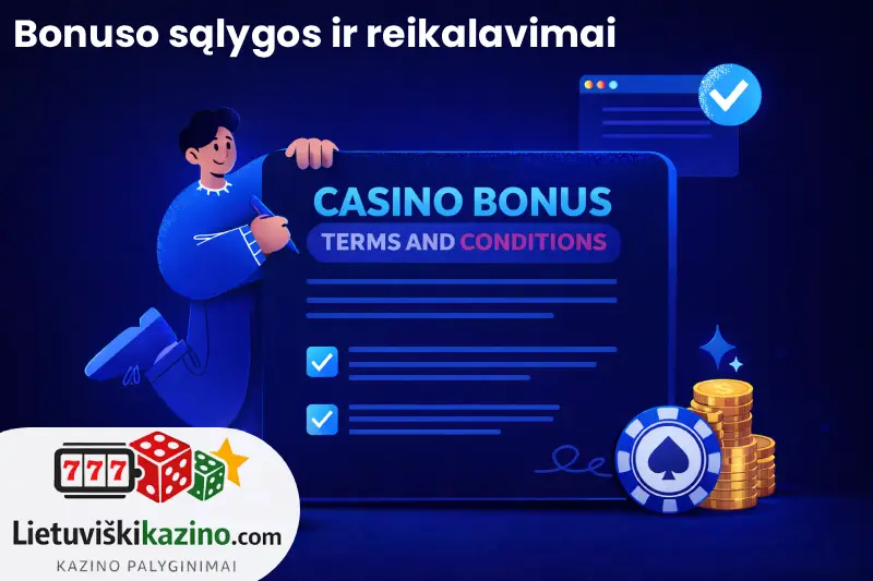 Sąrašas su bonuso sąlygomis ir reikalavimais.