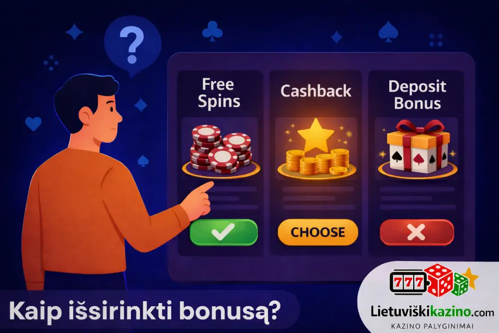 Žaidėjas renkasi tarp skirtingų bonusų – nemokamų sukimų, cashback, bei įnešimo premijos.