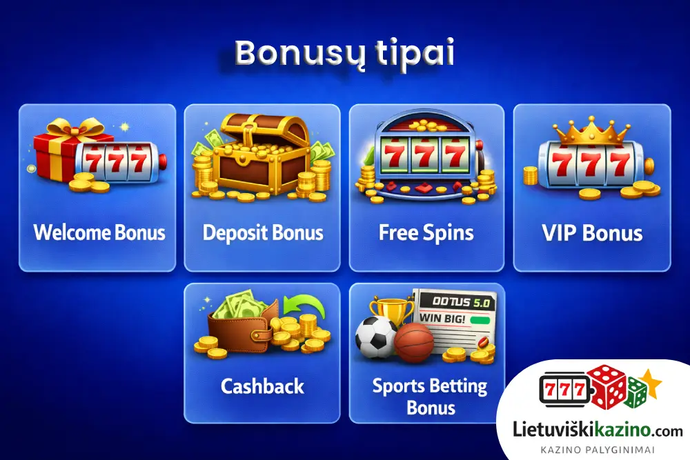 Skirtingi kazino bonusai: pasveikinimo, įnešimo premija, nemokami sukimai, VIP, cashback ir lažybų bonusas.