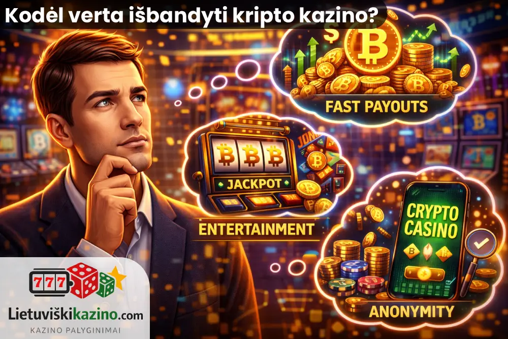 Vyras, galvojantis apie kripto kazino privalumus – tai anonimiškumas, greiti išmokėjimai ir pramogos.