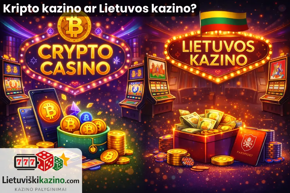 Kairėje kriptovaliutos ir bonusai, o dešinėje – lietuviška licencija ir grynųjų palaikymas.