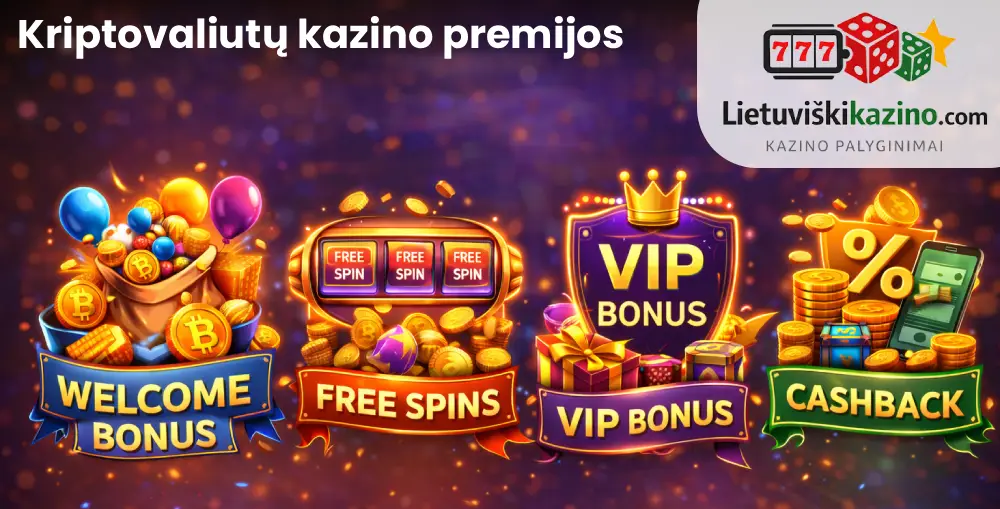 Išvardinti pagrindiniai kriptovaliutų bonusai – pasveikinimo premija, nemokami sukimai, VIP, cashback.