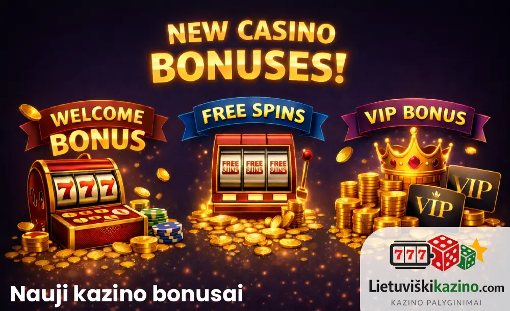 Naujų kazino bonusai – pasveikinimo premija, nemokami sukimai, bei VIP bonusas.