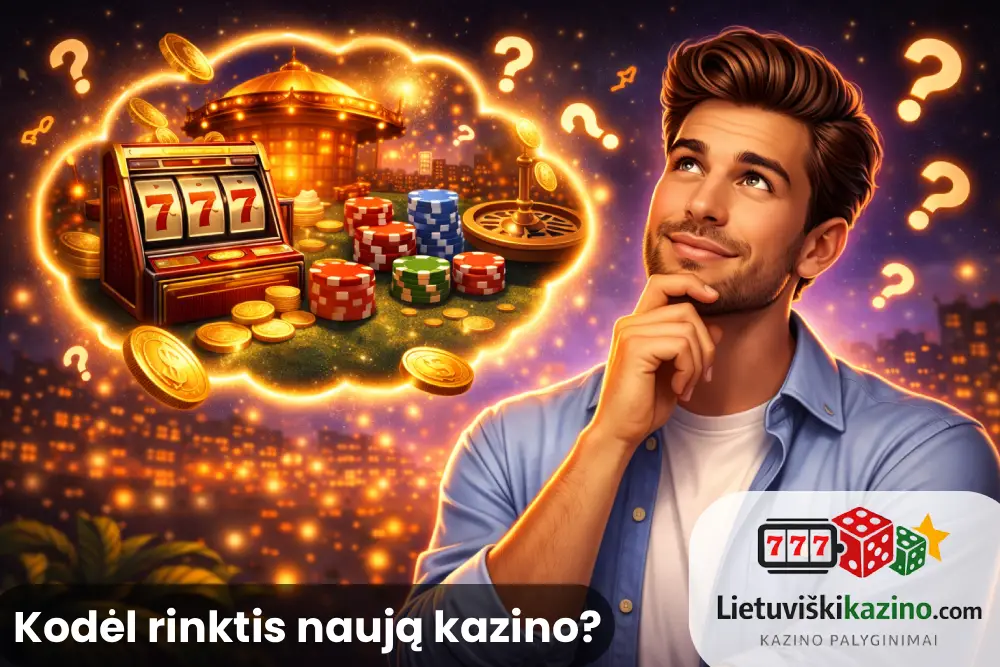 Vyras, galvojantis, kokios yra naujų kazino galimybės – bonusai, laimėjimai ir žaidimai.